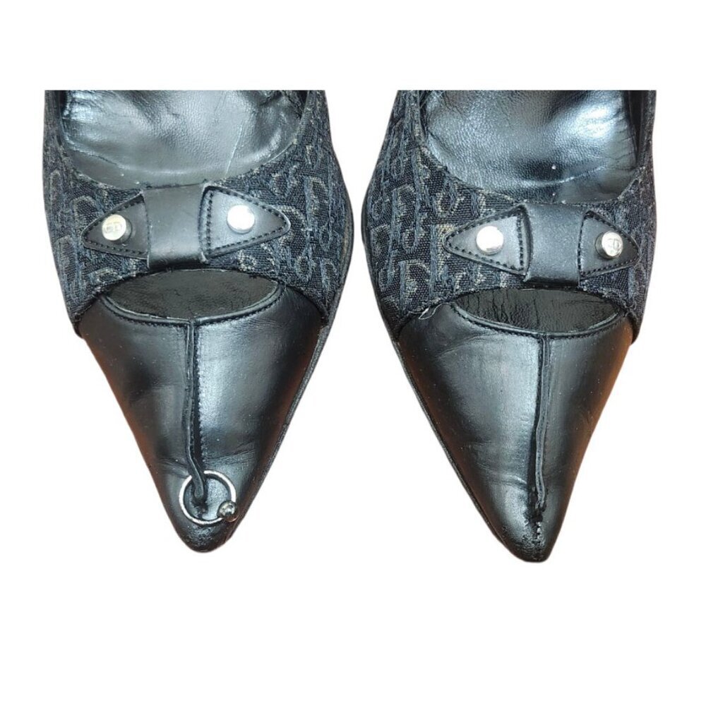 Christian Dior Monogram Heels 36 Black Logo Canvas Leather Pointed Toe Pumps - Picture 3 of 13